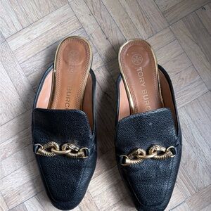 Tory Burch Black Leather Mule Slides with Gold Chain